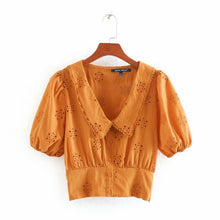 Load image into Gallery viewer, 2020 new women hollow out embroidery turn down collar casual smock blouses female puff sleeve shirts leisure chemise tops LS6544
