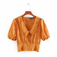 Load image into Gallery viewer, 2020 new women hollow out embroidery turn down collar casual smock blouses female puff sleeve shirts leisure chemise tops LS6544