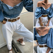 Load image into Gallery viewer, Autumn Sexy buttons denim blouse women Vintage square collar jeans blouses tops Chic elastic puff sleeve autumn female shirts
