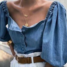 Load image into Gallery viewer, Autumn Sexy buttons denim blouse women Vintage square collar jeans blouses tops Chic elastic puff sleeve autumn female shirts
