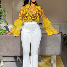 Load image into Gallery viewer, Sexy mesh yellow blouse See-Through flare sleeve african party club top shirts 2020 summer slim women pullover blouse shirts top
